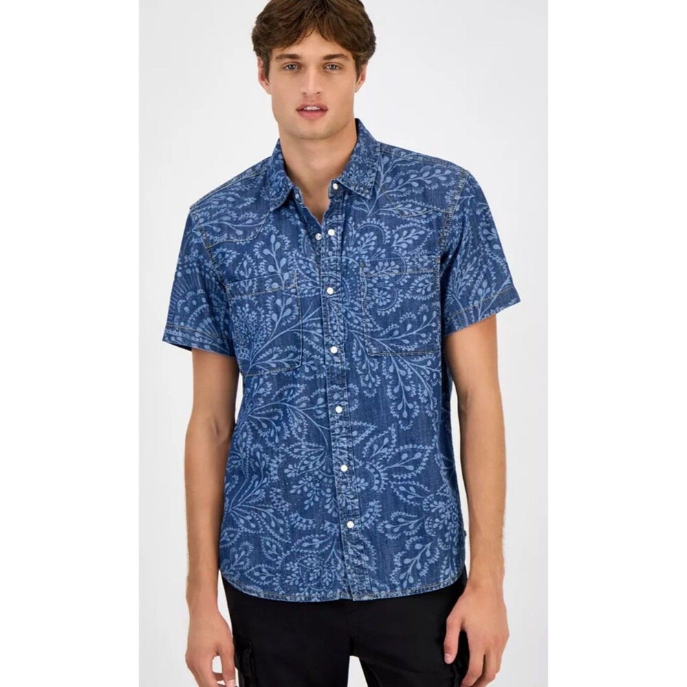 Sun & Stone Men’s Printed Denim Shortsleeve Paisley Blue-L